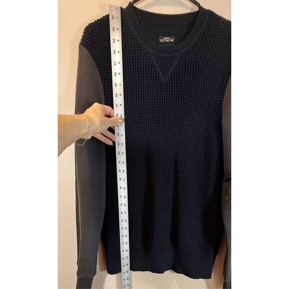 AllSaints Mather Crewneck Deep Blue 100% Leather Elbow Patch Sweater Men's M - Picture 6 of 9